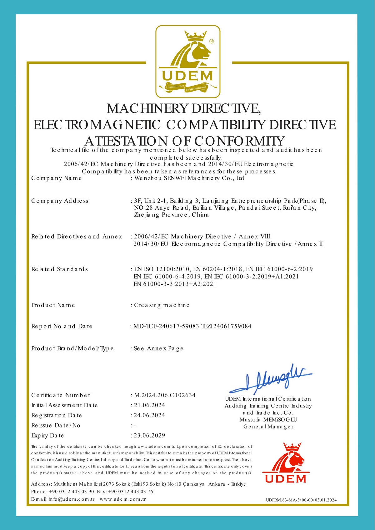 UDEM attestation of conformity for creasing machines