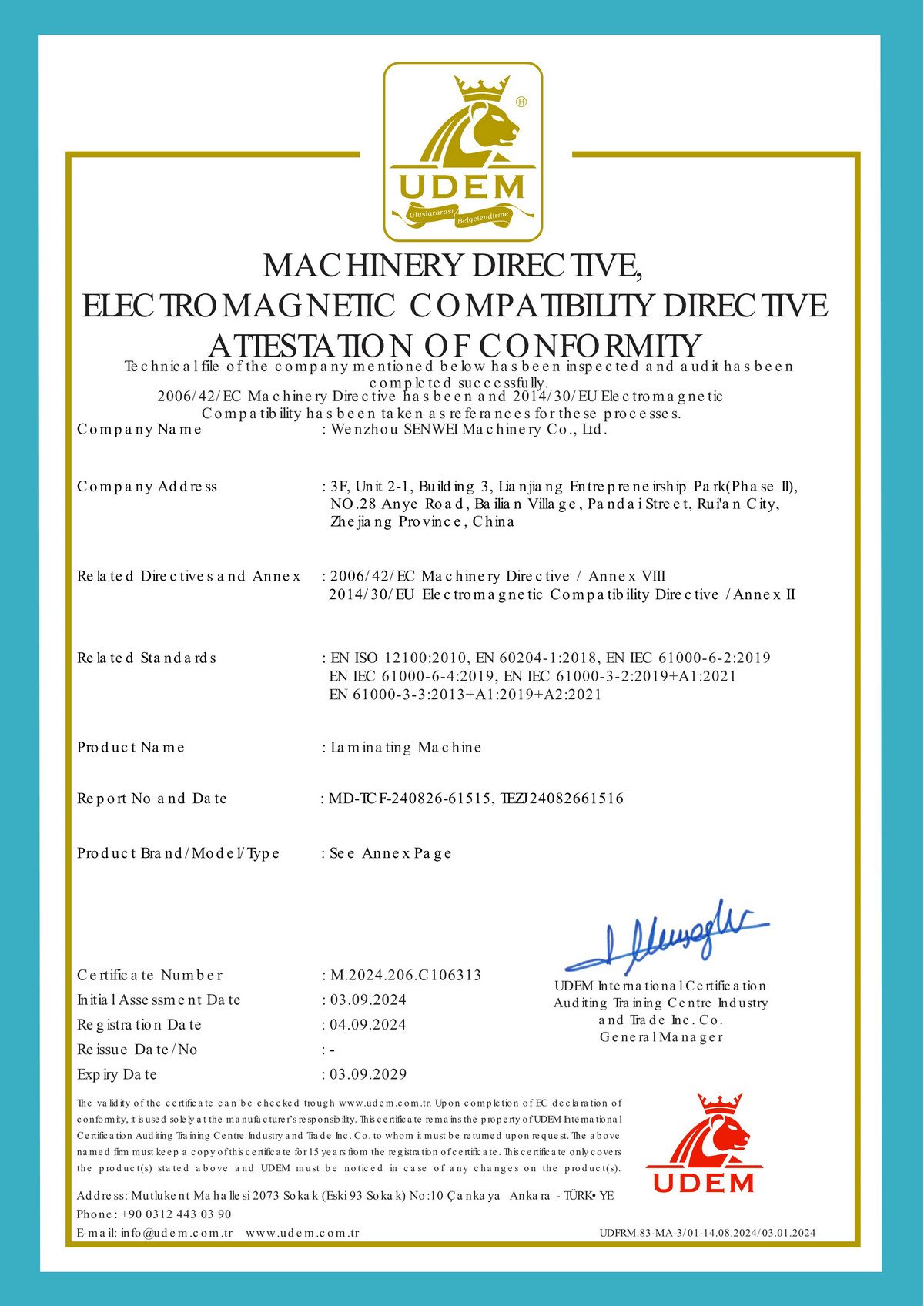 UDEM attestation of conformity for laminating machines